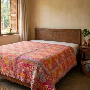 Hand stitched 3 layer king size kantha komla golapi design on bed