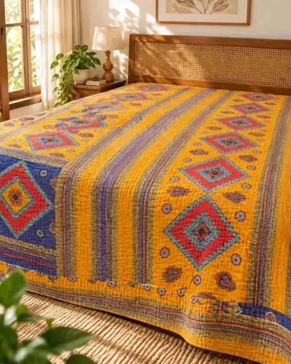Handmade Kantha 15 Layer Yellow On Bed