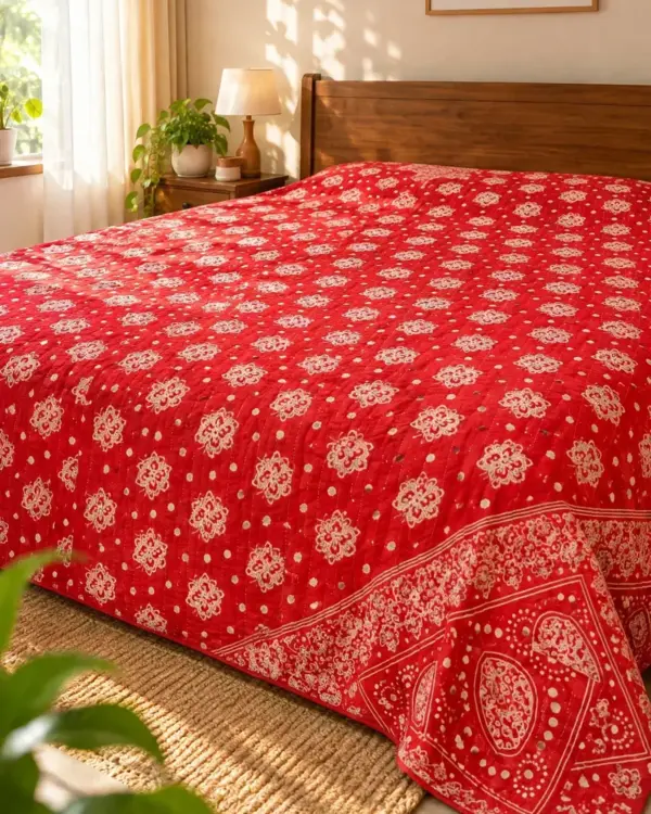 Handmade Kantha 15 Layer Red On Bed