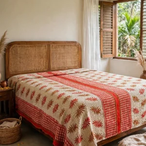 kantha spread on bed.