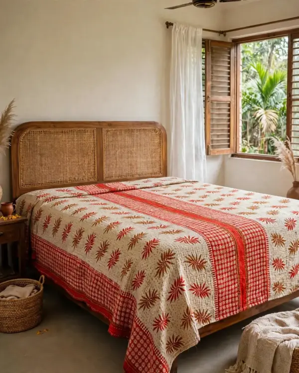 kantha spread on bed.