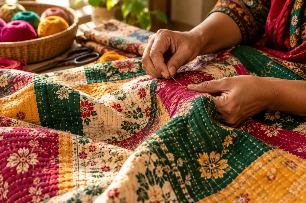 Hands stitching a traditional kantha at Nakshi House