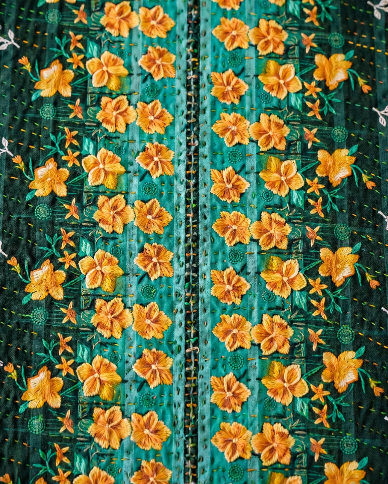 সবুজ-হলুদ ফুল নকশি কাঁথার কারুকাজ ক্লোজ-আপ
